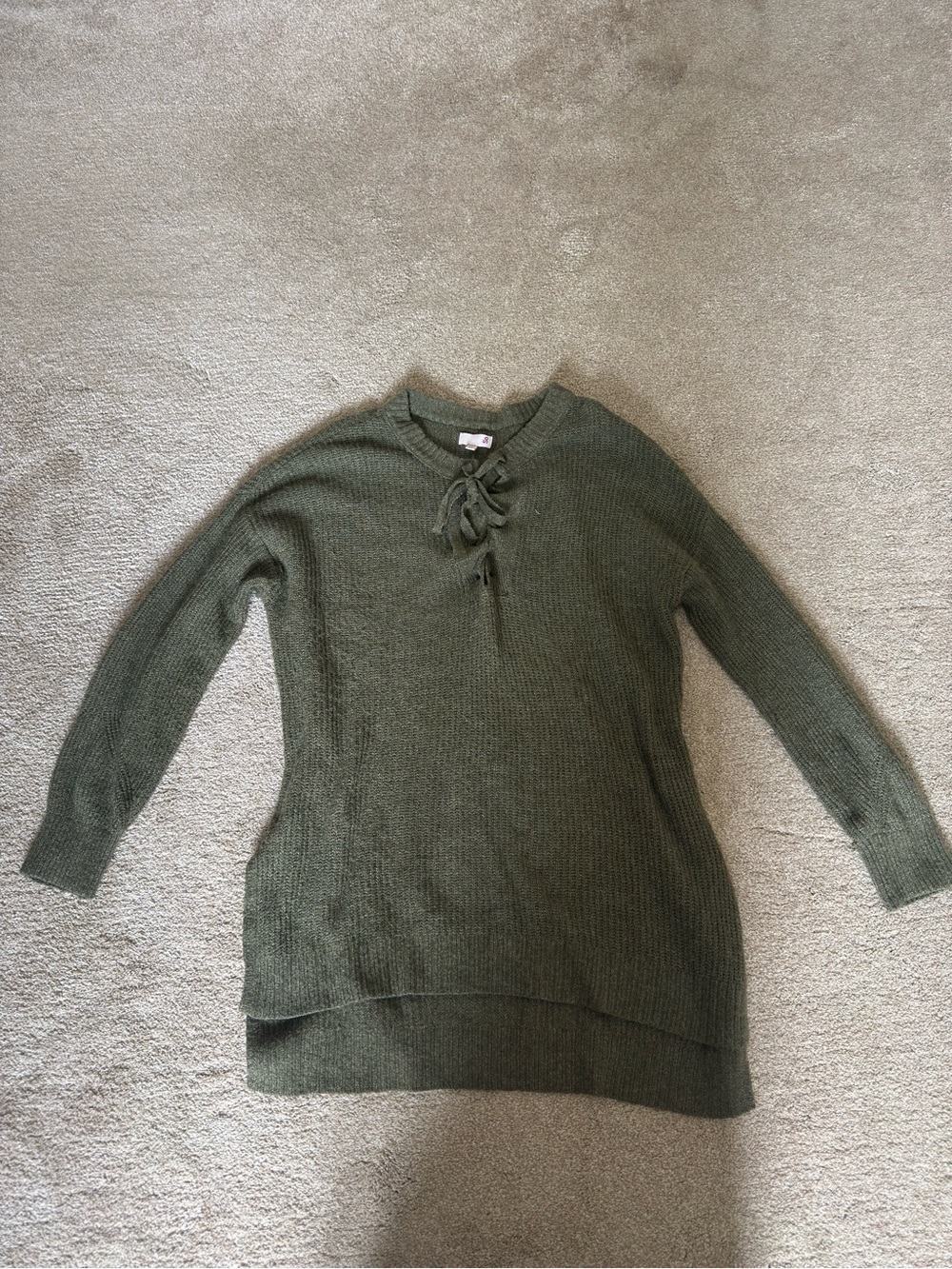SO Olive Lace-Up V-Neck Tunic Sweater